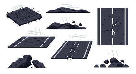 Collection of illustrations depicting cracked asphalt roads and piles of rubble with heat waves
