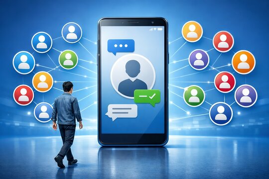 スマートフォンを中心に人と人がつながりコミュニケーションが広がるSNS交流イメージ