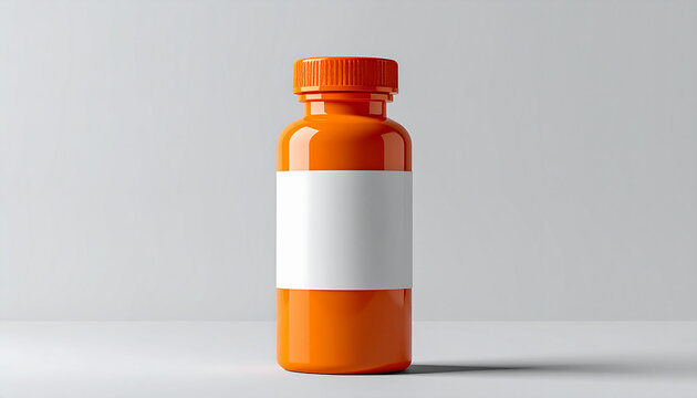 Orange plastic pill bottle with blank white label against neutral background, clean medical product