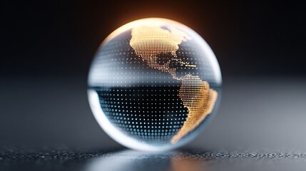 Crystal globe showcasing a digital world map illuminated against a dark backdrop with a futuristic vibe