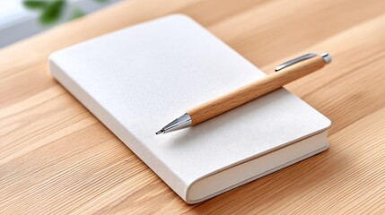 Minimalist notepad and wooden pen resting on a light wooden table with a serene atmosphere