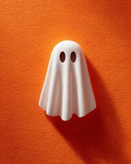 Minimalist ghost figurine set against a vibrant orange textured wall, creating a whimsical Halloween atmosphere