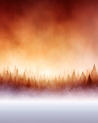 Misty forest landscape during twilight with vibrant orange and purple hues illuminating the treetops