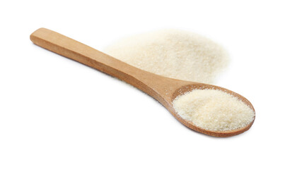 Dry gelatin powder in wooden spoon isolated on white