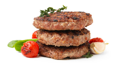 Naklejka premium Delicious grilled meat patties, tomatoes and spices isolated on white