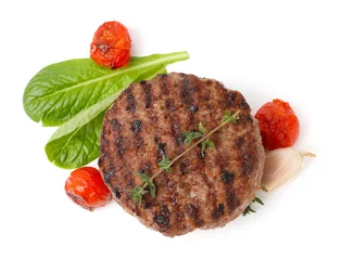 Fotobehang Natuur Park Delicious grilled meat patty, tomatoes and spices isolated on white, top view  © New Africa