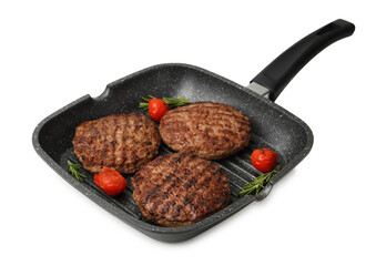 Naklejka premium Delicious grilled meat patties, tomatoes and rosemary in grill pan isolated on white, top view