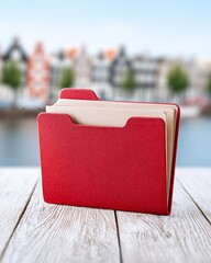 Red folder on a wooden table with blurred city background