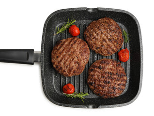 Naklejka premium Delicious grilled meat patties, tomatoes and rosemary in grill pan isolated on white, top view