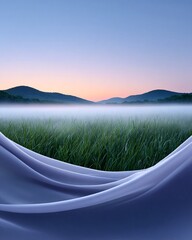 Serene early morning landscape with mist rolling over a grassy field and soft-hued sky