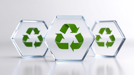 Three hexagonal glass recycling symbols reflecting eco-conscious design in a pristine setting