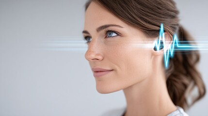 Thoughtful woman with digital soundwave visualization near her ear in a modern setting