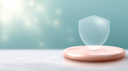 Transparent shield placed on a polished pink marble pedestal against a soft turquoise background with blurred highlights.