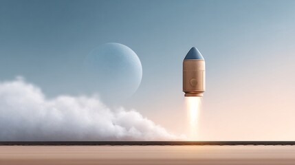 Vintage-style rocket launching into a colorful celestial backdrop with a giant planet and clouds