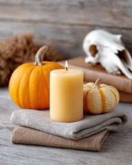 Warm autumn candles glowing among seasonal pumpkins and rustic decor in a cozy setting