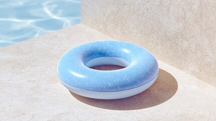 Vibrant blue inflatable pool float resting on sunlit concrete near a shimmering swimming pool