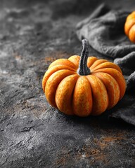 Vibrant orange pumpkin resting on a textured dark background with a moody atmosphere