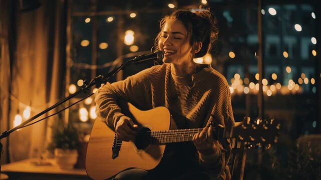Cinematic female singer-songwriter performing acoustic guitar in cozy night studio with warm fairy lights