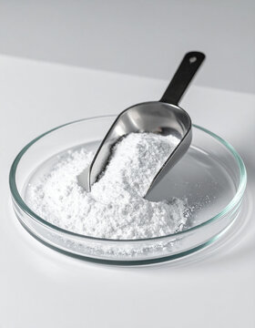 Small metal scoop resting on glass plate, filled with fine white medical powder, pharmaceutical