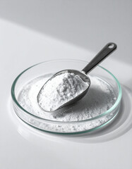 Small metal scoop resting on glass plate, filled with fine white medical powder, pharmaceutical