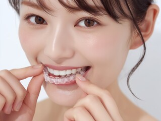 透明なマウスピースを装着する若い女性の笑顔が歯列矯正と口元ケアを伝える瞬間