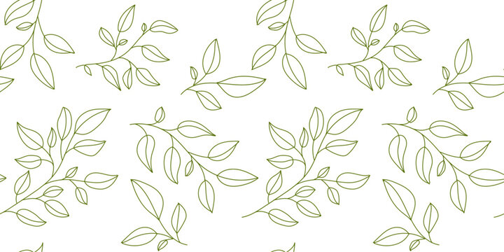 Seamless pattern with one line green leaves. Vector floral background in trendy minimalistic linear style on transparent background.