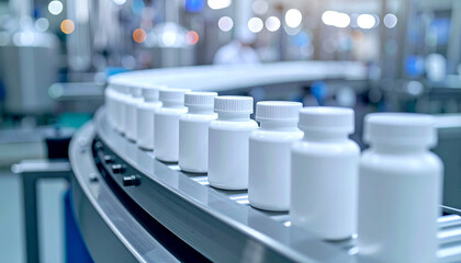 White plastic medicine bottles moving on conveyor belt in modern pharmaceutical factory, industrial