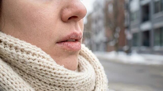 Close-up of dry chapped lips with peeling skin in cold winter weather. Woman wearing a warm knitted scarf outdoors on a snowy street. Skincare and dehydration concept