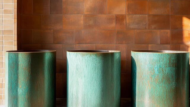 Sunlight casting shadows across a modern tiered water fountain with teal oxidized copper basins