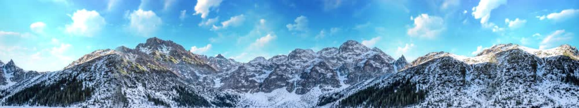 Dramatic Snow Covered Mountain Peaks under Clear Blue Sky &ndash; Seamless Panoramic Loop