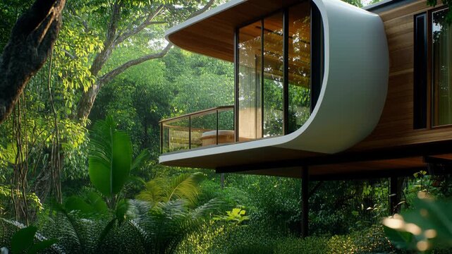Sustainable modern house with a balcony surrounded by lush green tropical vegetation in the morning