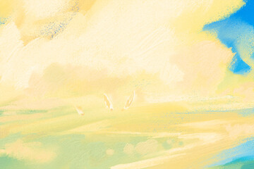 Impressionistic Sunny Pastel Yellow Misty Sunrise Seascape of Sailboats, Under Dramatic Puffy Clouds in the Blue Sky, Heading to Shore Shoreline-Digital Painting, Art, Illustrations w/Texture