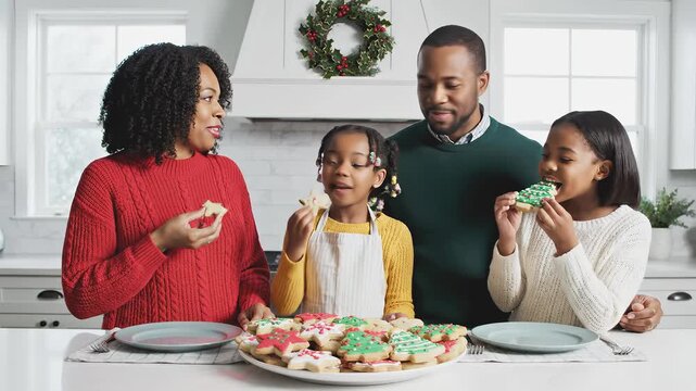 Family enjoys festive cookie decorating together in a cozy kitchen, capturing joyful moments as they share treats, camera pans and zooms in on smiles