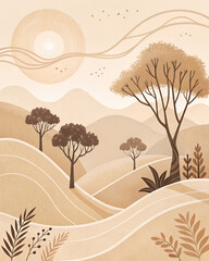 Abstract beige background with flowing shapes, soft shadows, calm atmosphere