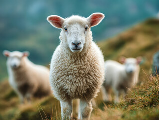 Obraz premium Curious young sheep standing on a grassy hillside with a blurred natural background and other sheep grazing peacefully behind