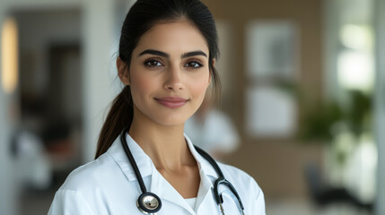 Portrait of a young female doctor with a stethoscope around her neck, smiling confidently