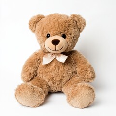Obraz premium Brown teddy bear sitting on a white background with a simple bow around its neck ready for a child's embrace and playtime