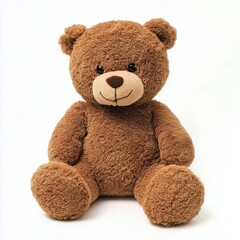 Obraz premium Brown teddy bear sits with a soft expression against a plain white background during a quiet moment of childhood joy