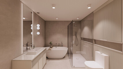 Contemporary bathroom with freestanding tub and glass shower &ndash; 3D render