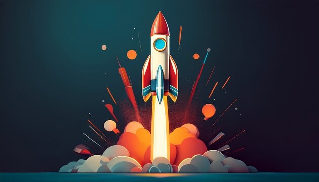 minimalist rocket launching upwards on dark background