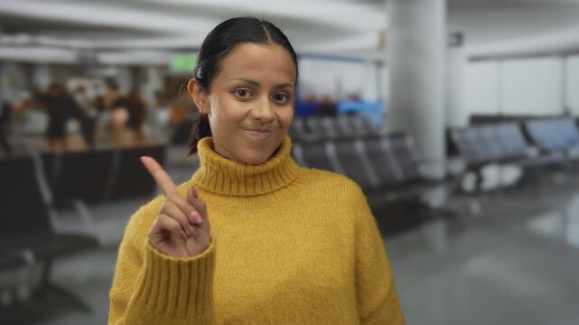 Woman in yellow sweater making monitoring gesture indoors at airport terminal highlighting travel setting in the background with a confident expression and proactive energy.