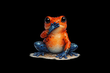Colorful frog covering mouth in speak no evil concept on black background
