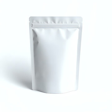 White blank stand-up pouch with zipper isolated on white background, food packaging mockup, doy-pack template
