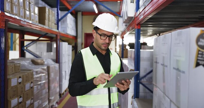 Male Latin warehouse supervisor man in protective uniform checking part numbers on cardboard boxes and tablet, making inventory, using digital gadget, standing at metal shelves in storage space