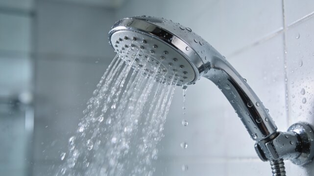 Clean water use and hygiene in home bathroom, Close-up of chrome shower head spraying clean water, water droplets visible on bathroom tiles, modern plumbing and hygiene concept, clean and minimal aest