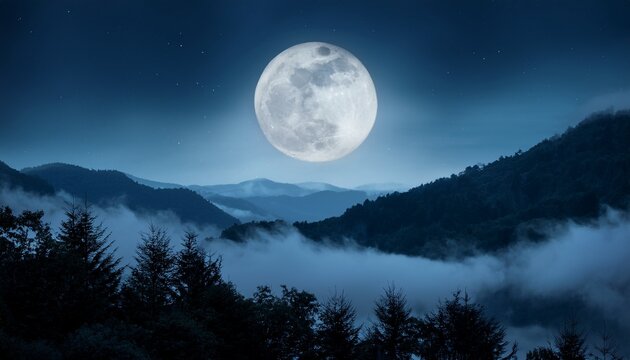 full moon over misty mountain landscape at night creating a mysterious and atmospheric scene background for fantasy and spooky designs