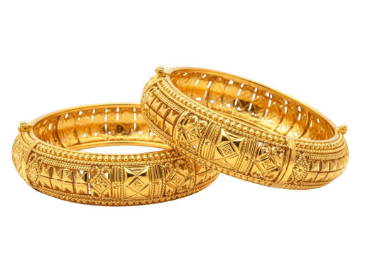 Golden bangles with traditional indian designs isolated on transparent background