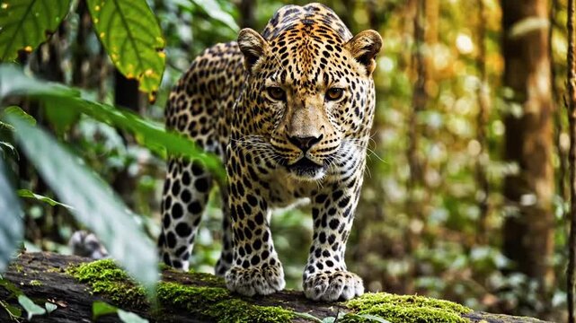 Leopard Walking on Mossy Log in Forest.
