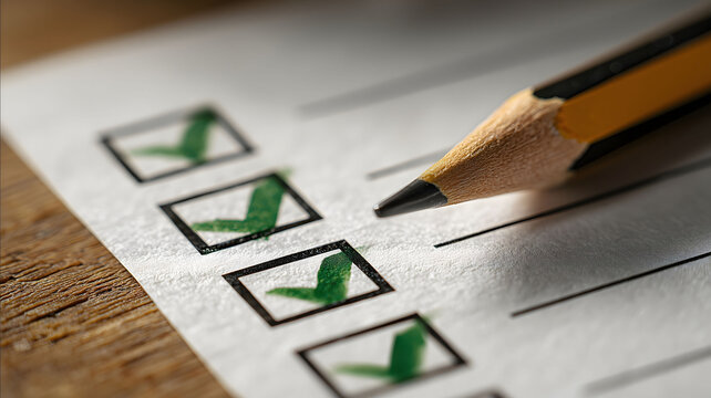 A centered closeup shot of a clean paper checklist with large empty checkboxes and bold green checkmarks no text symbolizing goal setting and achievement shot directly