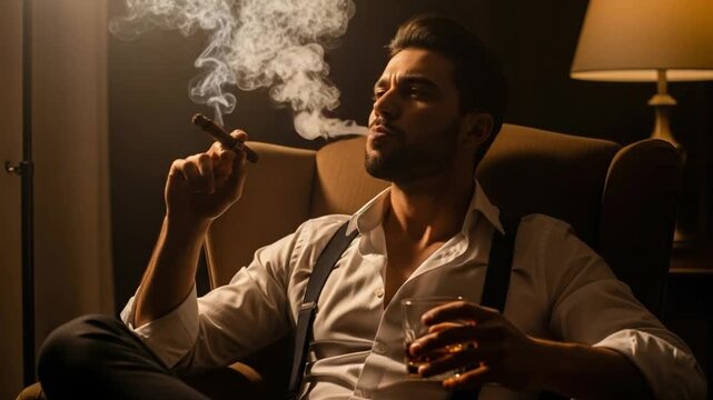 Man relaxing in chair smoking cigar and holding drink in a dimly lit room
